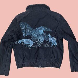 Vintage Kenzo Jeans Hand-Painted Moto Jacket – Faux Shearling, Size 38